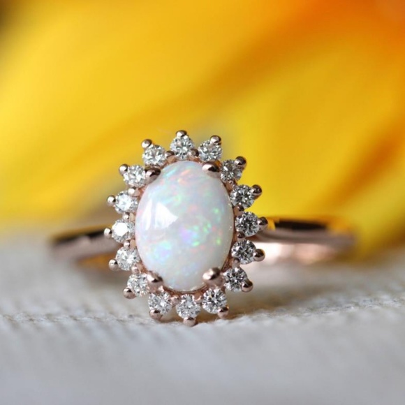 NEW 18K Rose Gold Diamond White Fire Opal Ring - Picture 2 of 5